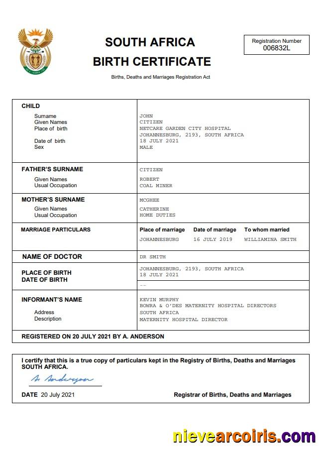 South Africa vital record birth certificate